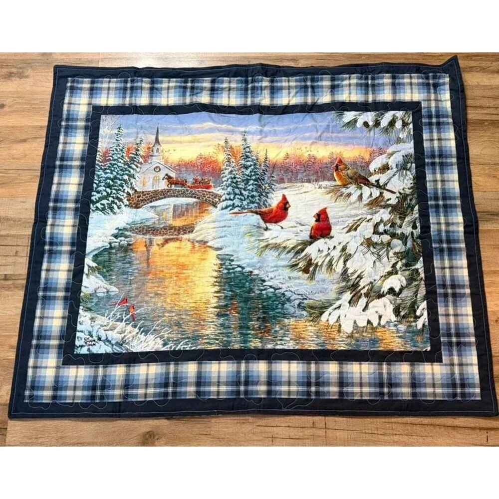 Handmade Cardinal Winter Lap Quilt Machine Quilted Throw Blanket 34” x 41.5”